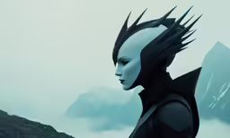 a woman with spikes and long black hair, looks into the distance