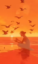 a woman sitting in a yoga position and feeding birds