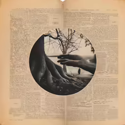 a hand touching a tree that is growing on an open book