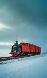 a train with red cars driving on the tracks