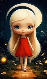 a woman in a red dress walking through a forest