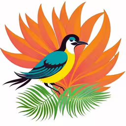a bird sits in a tropical setting next to a plant