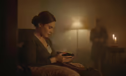 a woman looking down at her cell phone with a man standing in the background