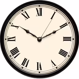 a black and white clock on a white background