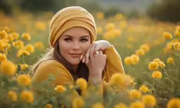 a girl in a yellow shirt sitting in a field