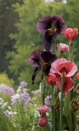 some very pretty flowers growing by some pretty bushes