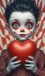 a creepy young man holding a red heart