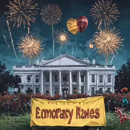 fireworks at the white house near a banner that says, democracy rings