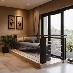 a living room with a nice view out the large windows