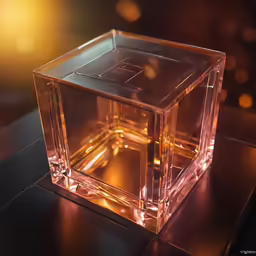 a light shines brightly on a small, square glass box