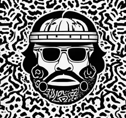 the black and white illustration depicts a man with a beard, wearing a helmet,a black and white painting with an image of a man wearing a helmet