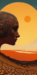 an artistic photo shows the desert, rocks and a sunset,a woman with a bird sitting on her head