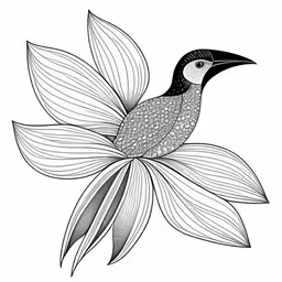 black and white bird sitting on top of a flower,a drawing of a bird sitting on top of a leaf