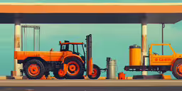a large orange truck parked at a gas station,two trucks parked at a fuel station with their fuel tanks open