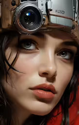 a woman with a camera hat on her head