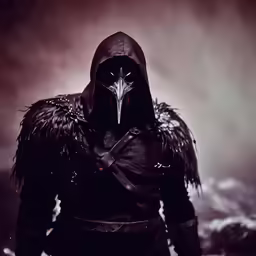 a man wearing a hood and holding an arm with an owl face on it