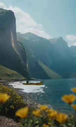 a boat that is floating on the water near a mountain