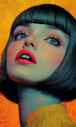 a girl with red lipstick and a dress