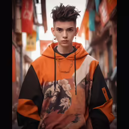 a man in an orange hooded sweatshirt and jeans