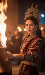 a woman in a fancy costume stands behind a fire
