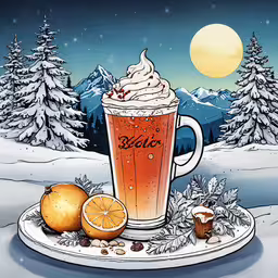 a glass of beer with oranges on a plate,a drink with a frosty topping sits on a plate