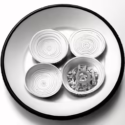 four white bowls filled with liquid sitting in a bowl