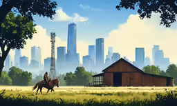 a man riding on the back of a brown horse across a lush green field