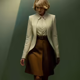 a woman in a skirt, jacket and heels posing for the camera