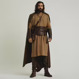a man dressed as jesus, in a costume of brown color