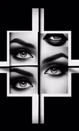 the eyes of three women on a black and white background