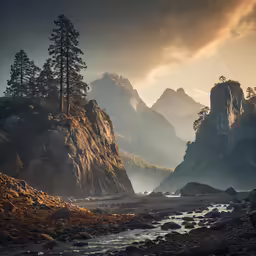 a stream is near many trees and mountains