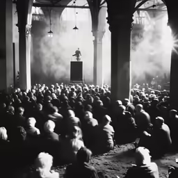 people sitting on the floor and watching a man standing on stage