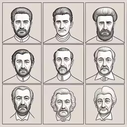 different facial expressions drawn on a sheet of paper,a series of nine portraits showing a bearded man,the faces of different people from around the world,the different heads of men with beards,a bunch of old fashioned portraits of men
