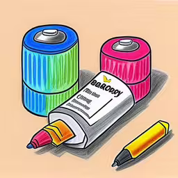 a pencil and ink and crayons sitting next to each other,some drawing items with pencil and markers,this is the colored version of there are two batteries and a bottle of alcohol,various colored objects on the ground and on the table,an artist