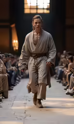the man with long hair is walking down the runway