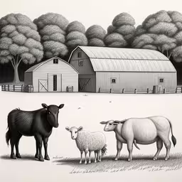 a family of animals in front of a barn