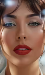 woman in white shirt with red lipstick and bangs