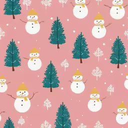 a pink background has snowmen and pine trees