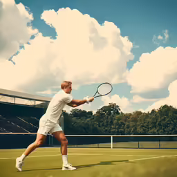 a man in white is playing tennis on the court