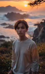 a woman with a hairdo stands on the cliff