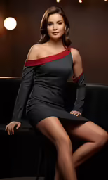 a woman sitting in a chair in a black dress