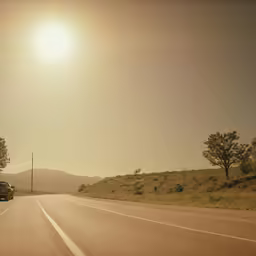 a car is driving down an empty road with the sun in the background