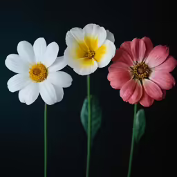 three flower stems with different colored flowers in the same vase