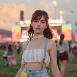 an asian woman in overalls at a music festival
