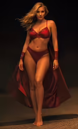 the woman is wearing a red sexy suit and standing on stage