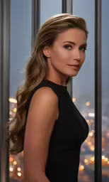 a beautiful young woman posing in front of the city lights