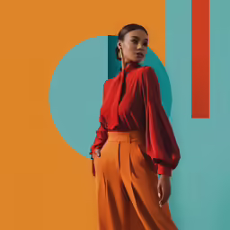 a woman wearing orange pants is standing in front of a colorful wall