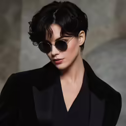 the model has black hair and glasses on