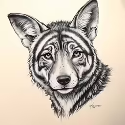 an ink drawing of a wolf looking into the camera