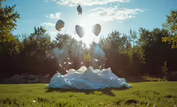 balloons in the air above a blanket on a grassy field